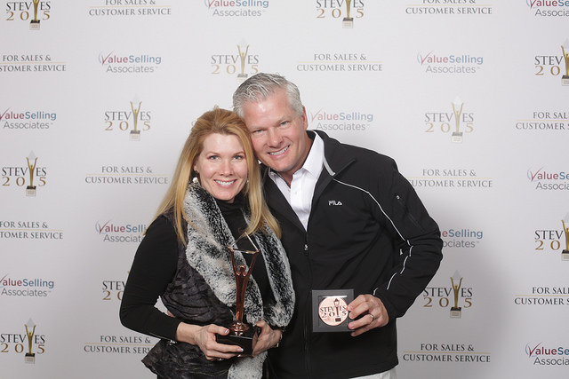 Sheila Rogers Trachier, Partner, and Ed Trachier, CEO, accepting OnTarget's Bronze Stevie at the 9th Annual Stevie Awards banquet gala at the Bellagio in Las Vegas, February 27, 2015.